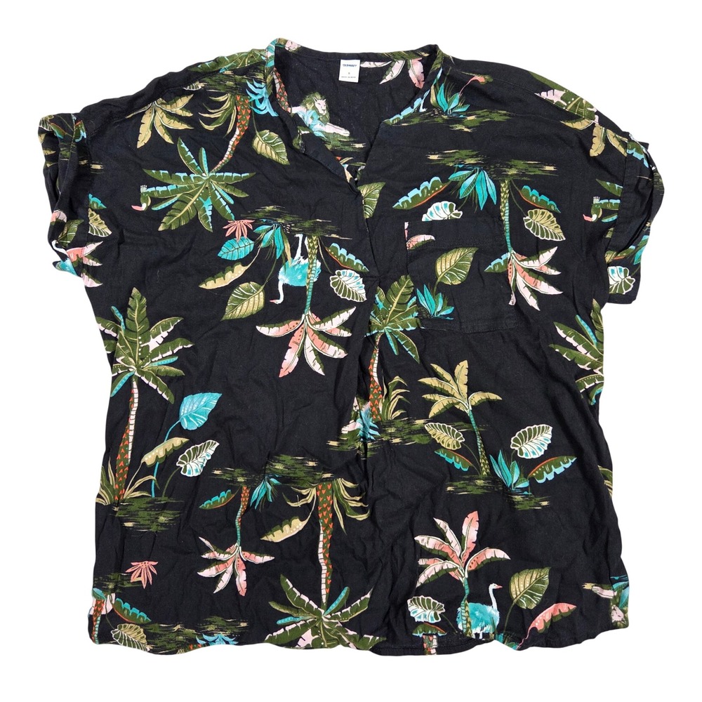 Old Navy Women Black Tropical Palm Tree Flamingo Print Short Sleeve Blouse S